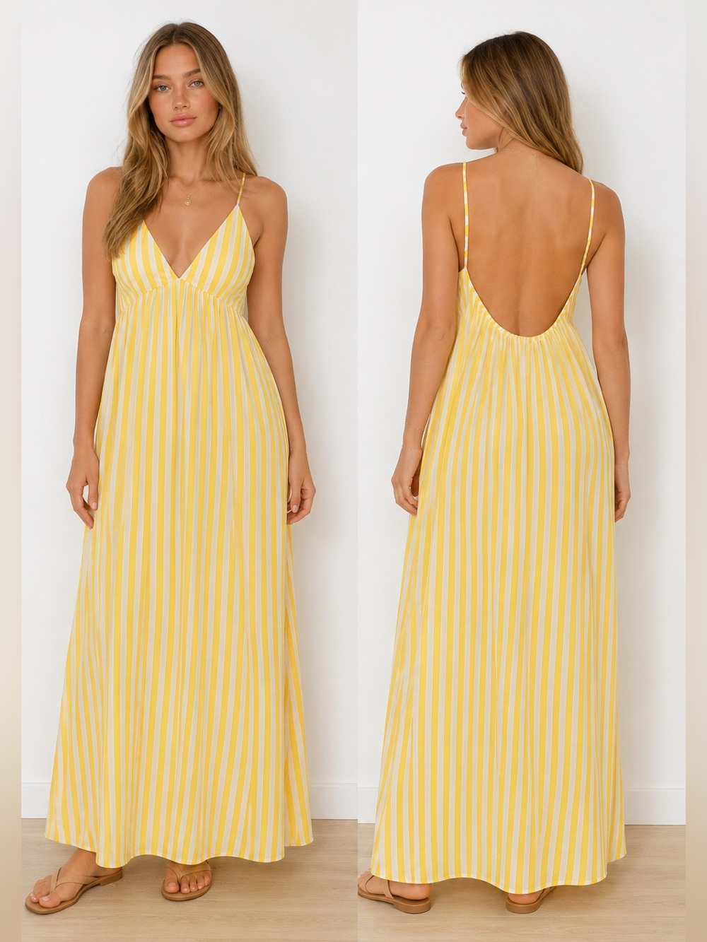 V-Neck Cami Strap Backless Open Maxi Dress yellow striped stripe - Picture 3 of 3